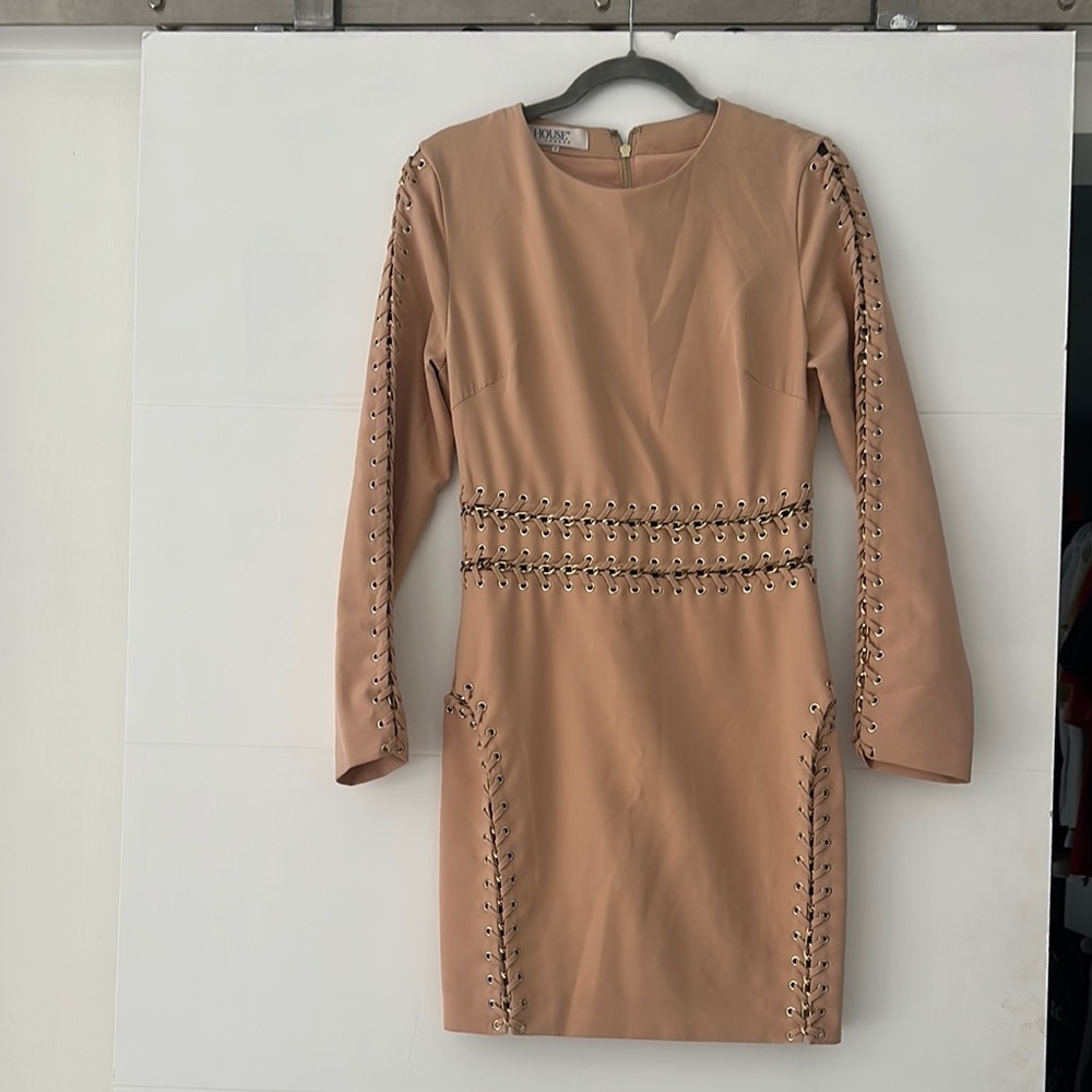 Elegant Tan Dress with Gold Accents